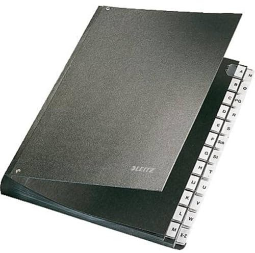 Leitz Pultordner, A4, 24 Fächer, 24 Plastik-Buchstaben-Taben mit Einsteckschildern, 6 Sichtlöcher, Schwarze Hartpappe, Schwarz, 58240095