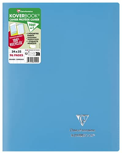 Clairefontaine 981412C - Heft Koverbook DIN A4+ 24x32 cm, 48 Blatt 90g, französische Lineatur, Einband aus opakem Polypropylen, 100% recycelt, Blau, 1 Stück