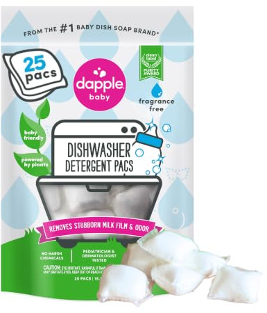 DAPPLE Paquete de lavavajillas para biberones y platos, sin fragancia, cápsulas automáticas para lavaplatos, cápsulas de limpieza para lavavajillas, fórmula a base de plantas, 25 unidades