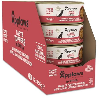 Applaws Nourriture Humide pour Chiens 100% Naturelle, Filet de Poulet au Foie de Boeuf en Bouillon Pour Chiens Adultes - Lot de 12 boîtes de 156 g