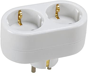 SIMON BRICO - Ladrón de Enchufe, Adaptador de Corriente con Doble Toma Schuko 16A y Toma de Tierra, Adaptador Ideal para Viajes, Color Blanco