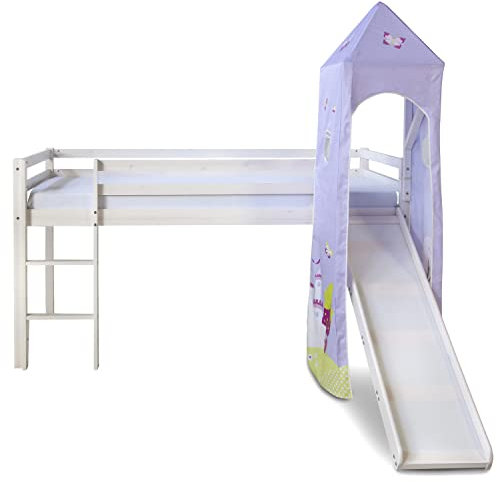 Homestyle4u 1557, Hochbett Spielbett Kinder 90x200 cm Bettgestell Holz Massiv Weiß Lila mit Leiter Rutsche Turm Vorhang