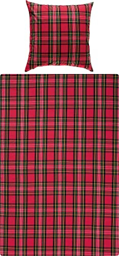 Erwin Müller warme Bettwäsche Flanell buntgewebt rot Größe 80x80 cm / 155x220 cm - hautsympathisch, atmungsaktiv, samtweich, 100% Baumwolle, mit Knopfverschluss