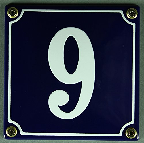 Emaille Hausnummernschild - Wählen Sie Ihre Nummer - Zahlen 1 bis 30 verfügbar - blau/weiß 12x12 cm und 12x14cm - sofort lieferbar! Hausnummer Schild wetterfest und lichtecht (9 blau/weiß 12x12cm)