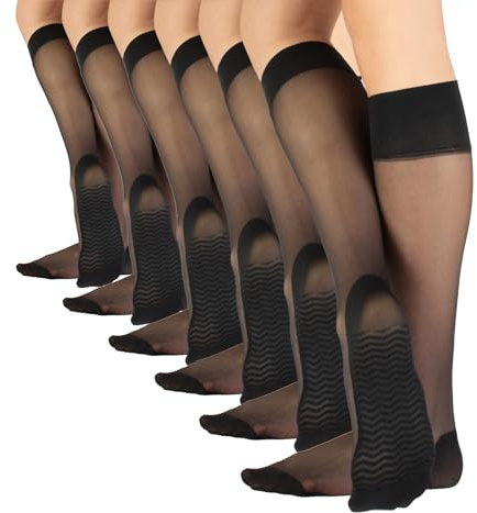 CALZITALY 6 Pares de Medias Hasta la Rodilla Semitransparentes con Suela Efecto Masaje, Mini Medias, Calcetines Ejecutivos, Negro, Natural Azúl, 20 DEN, Made in Italy (6 PARES - NEGROS)