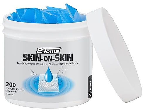 2Toms Skin-On-Skin Hydrogel Squares para ampollas, rozaduras, picaduras, irritaciones y alivio del dolor en la piel, 200 cuadrados de 1 pulgada