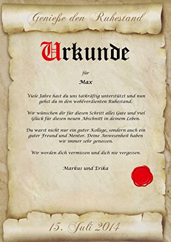 Ruhestand Urkunde personalisiert Geschenk Karte zur Rente Abschied Berufsleben