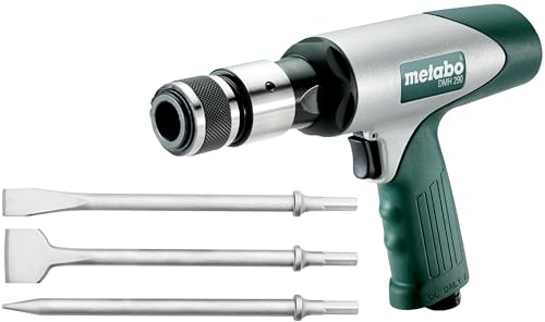 metabo Druckluft-Meißelhammer DMH 290 Set, Abbruchhammer 2.900 bpm, 6,2 bar | Inkl. Koffer, 3 Meißel & Schnellwechselfutter, 10mm Sechskantschaft, ideal für Putz, Fliesen, Blech & Stein, 2,1 kg