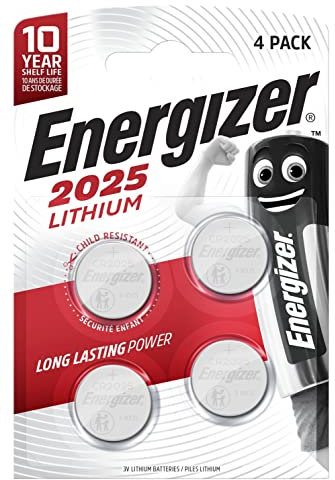 Energizer Lithium - CR 2025 Pile Bouton (Lot de 4) - Piles 3V - Pour clés électroniques, et montres de sport - Emballage sécurisé - Conservation 10 ans