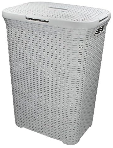 Curver Panier à linge 60 l - 45 x 34 x 62 cm - Panière à linge / corbeille à linge rectangulaire imitation rotin - Gris clair
