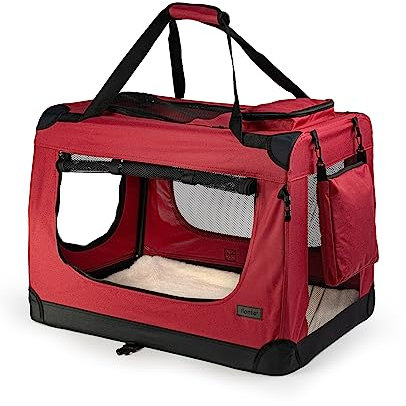 lionto Hundetransportbox faltbar für Reise & Auto, 50x34x36 cm, stabile Transportbox mit Tragegriffen & Decke für Katzen & Hunde bis 10 kg, robuste Hundebox aus Stoff für klein & groß, dunkelrot