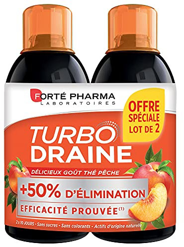 Forté Pharma - TurboDraine Pêche - Complément Alimentaire minceur - Thé vert et Reine des prés, Queue de cerise - Elimination, Drainage, Brule graisse - Lot de 2x500 ml, 20 jours