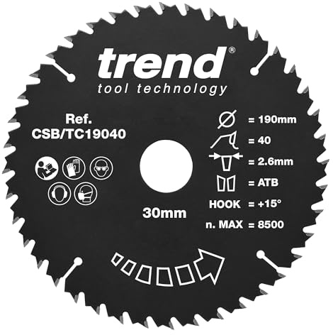 Trend Wood Circular Saw Blade, 190mm Diameter, 30mm Bore, 40 Teeth, TCT, 2.6mm Kerf, +15° Hook, CSB/TC19040 | Ideal For Clean, Accurate Cuts In Wood, With PTFE Coating, 2.6mm Kerf And +15° Hook Angle, CSB/TC19040