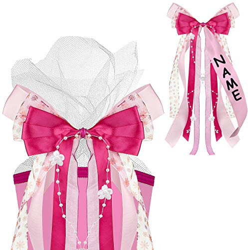 alles-meine.de GmbH große 3-D Schleife für Schultüten - rosa & pink - incl. Name/Text - 25 cm breit u. 60 cm lang - mit edlen Satin Bändern, Tüll & Perlenband - für Geschen..