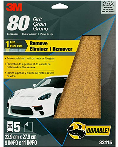 3M Sandpaper, 80 Grit, 5 Sheets, 9 in x 11 in, Longer Lasting Super Strong Abrasive, Great For Smoothing Body Filler, Shaping Glaze & Spot Putty, For Hand Or Machine Sanding (32115)