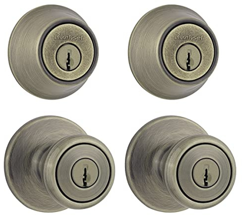 Kwikset 242 Tylo Entry Knob and Single Cylinder Deadbolt Project Pack in Antique Brass