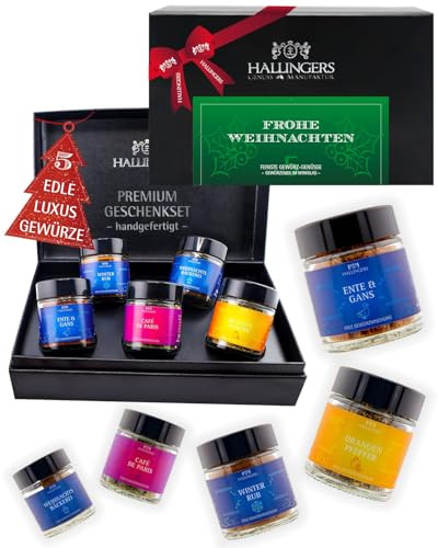Hallingers Genuss Manufaktur Gewürz Weihnachts-Geschenk-Set - 5 Gewürze aus aller Welt in wertiger Geschenkbox mit Rezept-Booklet Frohe Weihnachten, Weihnachten für Frauen Männer