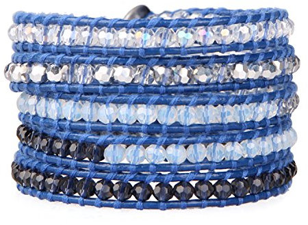 KELITCH Blau Leder 5 Wickeln Mehrschichtig Kristall Perle Armband