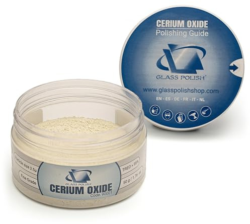 GLASS POLISH 50 g Cerium Oxide, Glaspoliermittel aus Ceroxid Grad Fein 95% rein, suspension-behandelte Formel, 2,5 Mikron Partikelgröße, Verbesserte Polierleistung