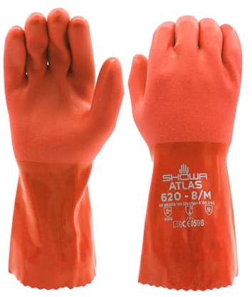 SHOWA Atlas 620 Double-Dipped PVC Chemical Resistant Gloves, Rough Finish Grip, Seamless Cotton Liner, 12 Length, Latex-Free, Orange, Small, 12-Pack