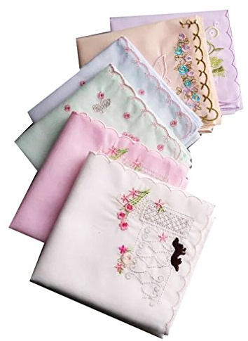 Assorted Ladies Novetly Embroidered Cotton Soft Handkerchiefs Scalloped Hankies 6PCS