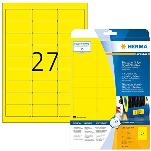 HERMA 8031 Wetterfeste Folienetiketten, 25 Blatt, 63,5 x 29,6 mm, 27 pro A4 Bogen, 675 Stück, selbstklebend, bedruckbar, matt, blanko Outdoor Signal-Etiketten Aufkleber aus Folie, gelb