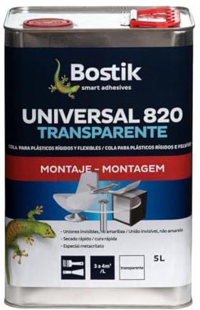 BOSTIK UNIVERSAL 820 Transparente, Adhesivo Universal, Agarre Inmediato y Definitivo, Adhesivo de Contacto Flexible e Invisible, Polivalente, Secado Rápido, Especial Pegado de Plásticos, Bote 5 l