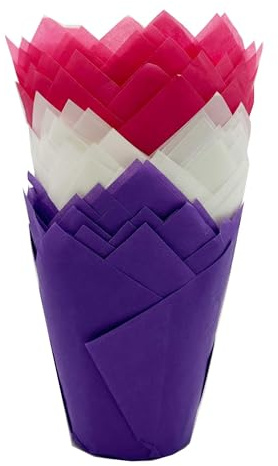 Scrumptious! 50PC Pink Mix Greaseproof Paper Muffin Tulip Cases for Baking - Purple Cerise and Light Pink - Great for Birthday Party Wedding and Anniversary Cakes and Bakes