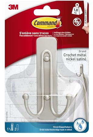 Command Bathroom Large Double Hook, Pack of 1 Hook and 2 Adhesive Strips, Metal - Damage Free Hanging - Holds up to 1.8 kg, Satin Nickel