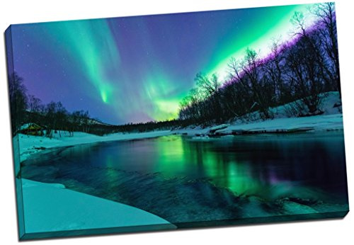 Winter River Northern Lights Aurelia Borealis Canvas Print Picture Wall Art Large 30x20 Inches (76.2cm x 50.8cm)