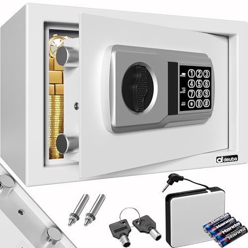 Deuba® Tresor Safe 31x20x20cm Doppelstahlbolzen Stahltür Zahlenschloss LED Licht Notschlüssel Externe Batteriebox Antirutsch-Noppen Schlüsselhaken Schutzmatte Montagematerial Möbeltresor Wandtresor