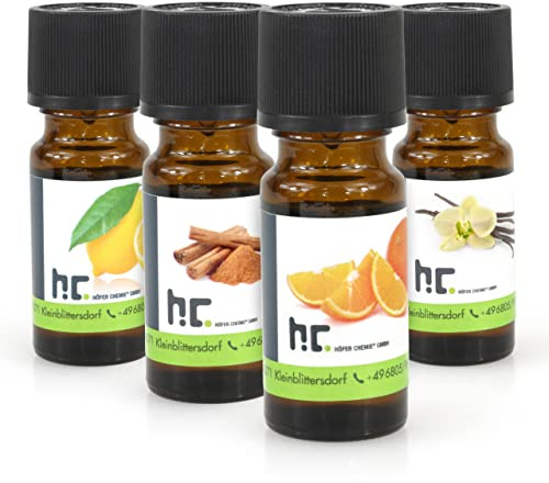 Höfer Chemie Duftöl Set mit 4 Düften - Zitrone, Zimt, Orange, Vanille für Duftlampen Diffuser Potpourris Aromatherapie - Duft Ätherisches Öl