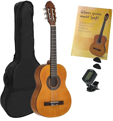 NAVARRA NV15PK Starter Set guitarra clásica 1/2 marrón, bolsa/Gig Bag, libro con CD, afinador (tuner),2 púas