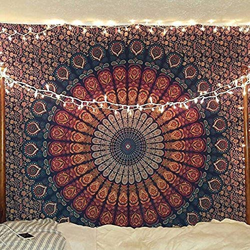 RAJRANG Wandteppich Baumwolllaken, Goldblau, Rechteckig, Wandteppich mit Blumenmuster, 228x213 cm