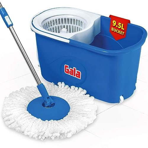 Gala Balai à franges avec roulettes faciles et seau pour un nettoyage magique à 360 degrés avec 2 recharges (grand, bleu)