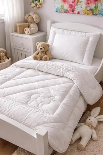 Merino Wool - Merino Woll Kindersteppbett-Set Basic, Standard 100 by Oeko-TEX, Baby Babybetten Set, medium Ganzjahresbettdecke Bettdecke und Flachkissen Kopfkissen (120 x 150 + Kissen 40 x 60 cm)