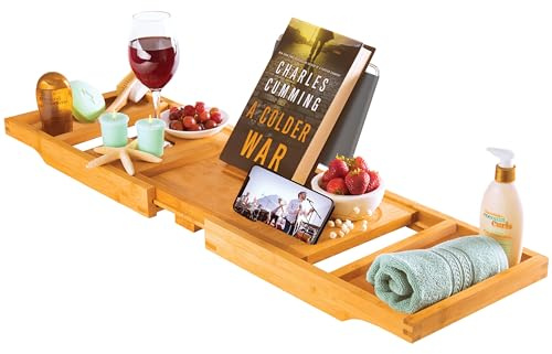 Plateau de Baignoire Extensible en Bambou de qualité supérieure – Cadeau Unique de Pendaison de crémaillère, Cadeau d'anniversaire et de Mariage pour Couple, Cadeau de fête prénuptiale pour Femme