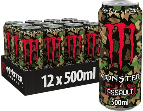 Monster Energy Assault, Energy Drink, Einweg Dose, 12 x 500 ml | Koffeinhaltiger Energy-Drink mit Cola-Bourbon-Geschmack, wie alle Monster Energy-Drinks ohne Alkohol, full Flavour