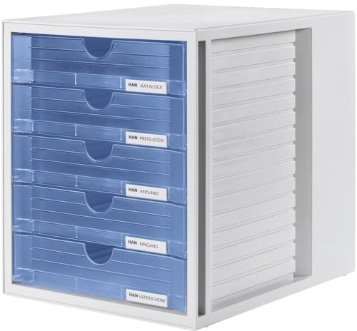 HAN 1450-64, Drawer set System box, Innovative, attractive design with 5 closed drawers, light-grey / translucent blue