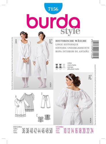 Burda 7156 Historische Unterwäsche Schnittmuster für Nachthemd, Pantalons und Korsett (nur Einheitsgröße)