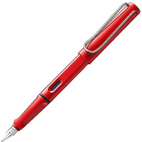 Lamy safari red Füller - Füllhalter mit ergonomischem Griff & polierter Stahlfeder in Strichbreite F – robuster ASA-Kunststoff - inkl. Tintenpatrone T 10 blau - Rechtshänder