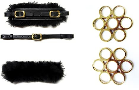 PS Pferdeartikel Set Gebisslose Zäumung Flower Messing - Gold - Echt Schaffell Farbe Schwarz mit goldenem Beschlag