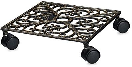 Relaxdays växt caddie gjutjärn fyrkantig växtkruka 27,5 x 27,5 cm vagn metallmover med hjul, metallväxt docka i jugendstil med 4 hjul, robust och väderbeständig, brons
