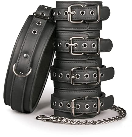 EasyToys Fetish Collection - Handschellen und Fußfesseln set einschließlich Halsband - Sei Domina oder Dominus - Aus hochwertigem Kunstleder, ET372BLK, Black