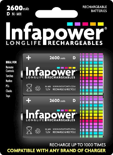 InfaPower Rechargeable Ni-MH D Batteries - Pack of 2