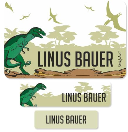 Striefchen® 100 Schuletiketten zum Schulanfang mit gratis Aufdruck des Namens - Dino -