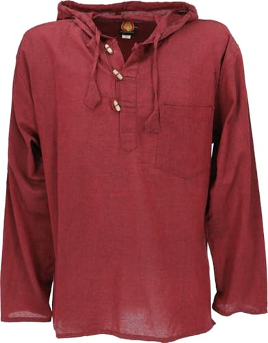 GURU SHOP Nepal Hemd, Goa Hippie Sweatshirt, Yogashirt, Schlupfhemd mit Kapuze - Bordeaux, Herren, Baumwolle, Size:L
