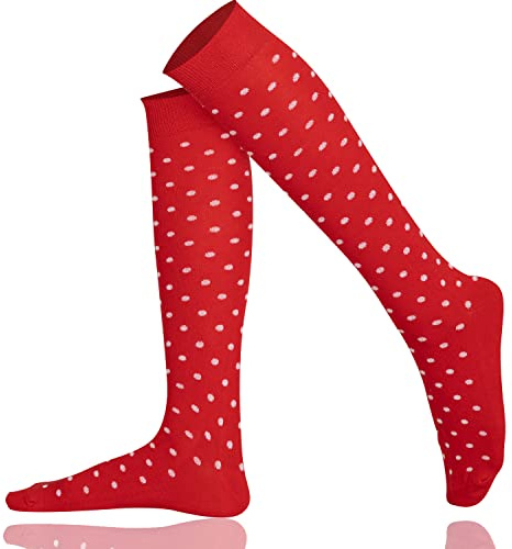 Mysocks Unisex knästrumpor prickade i extra fin kammad bomull, sömlös tå, mjukt latexband, trendiga mönster, Prickig röd, 42-46