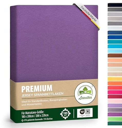 Premium Spannbettlaken, extra schwer und dick, 97% Mako-Jersey-Baumwolle und 3% Elasthan, auch Boxspringbett geeignet, 180-200 x 200-220 cm, Lila/Pflaume
