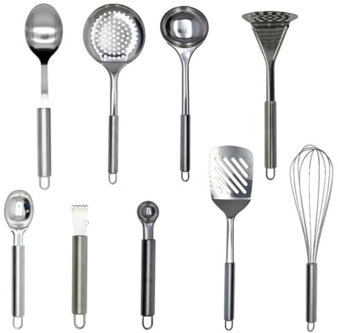 Fackelmann 9990450 Ensemble d'ustensiles de cuisine, 9 pièces, zesteur, cuillère à glace et melon, écumoire, louche, presse purée, fouet, cuillères, Acier inoxydable, De 16 à 33,5 cm | 9 pièces utiles, Inox pour cuisiner, Zesteur louche fouet, Longueurs 16 à 33,5 cm, Manche à suspendre